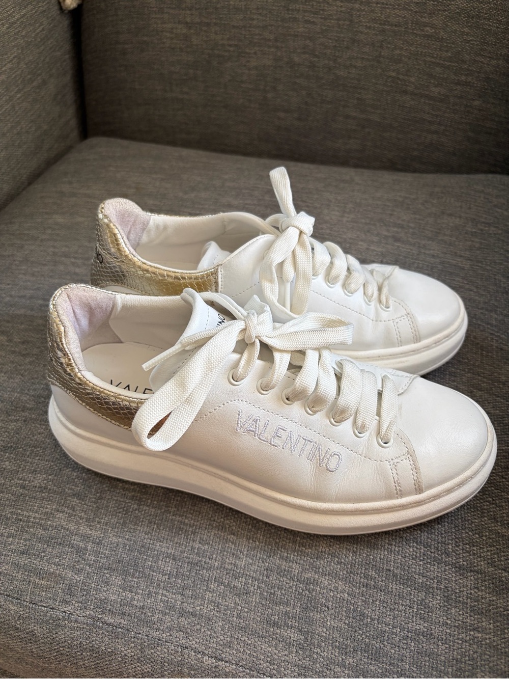 Valentino by Mario Valentino White Leather Fresia Sneakers Gold SnakeMetallic